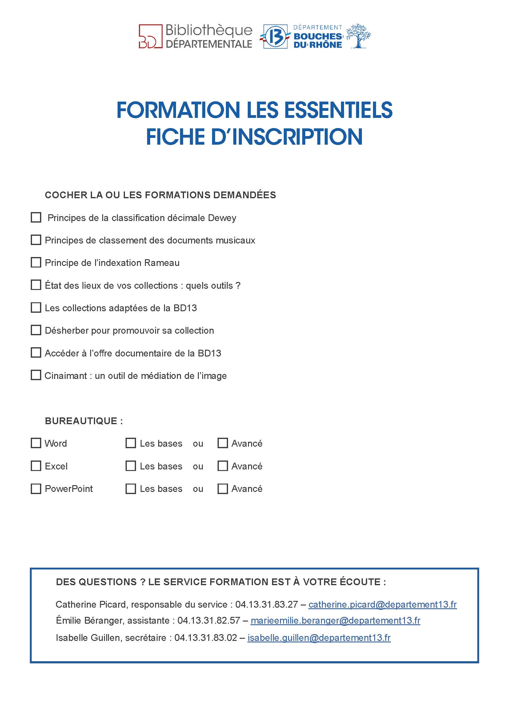 Fiche d'inscription Les Essentiels