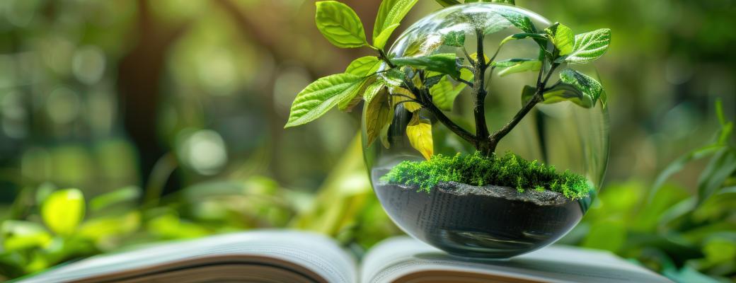 Livre ouvert dans la forêt avec une boule transparente remplie de terre et d'arbuste