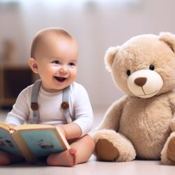 Image d'un bébé avec un livre qui rit aux éclats