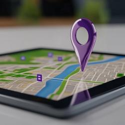 Photo d'une tablette avec un plan et un pin's