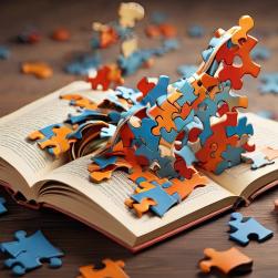 Photo d'un livre ouvert avec des morceaux de puzzle
