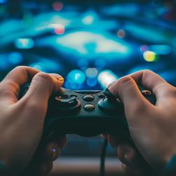 Deux mains tiennent une manette de jeux vidéo avec un écran plus loin