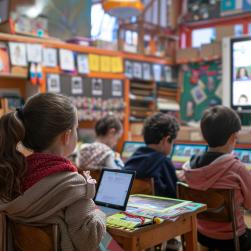 Des enfants avec des tablettes assis dans une bibliothèque