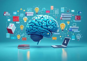 Illustration d'un cerveau avec des livres ampoules, ordinateur, fiches