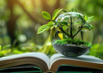 Livre ouvert dans la forêt avec une boule transparente remplie de terre et d'arbuste