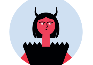 Illustration d'une sorcière rouge avec des corne noires