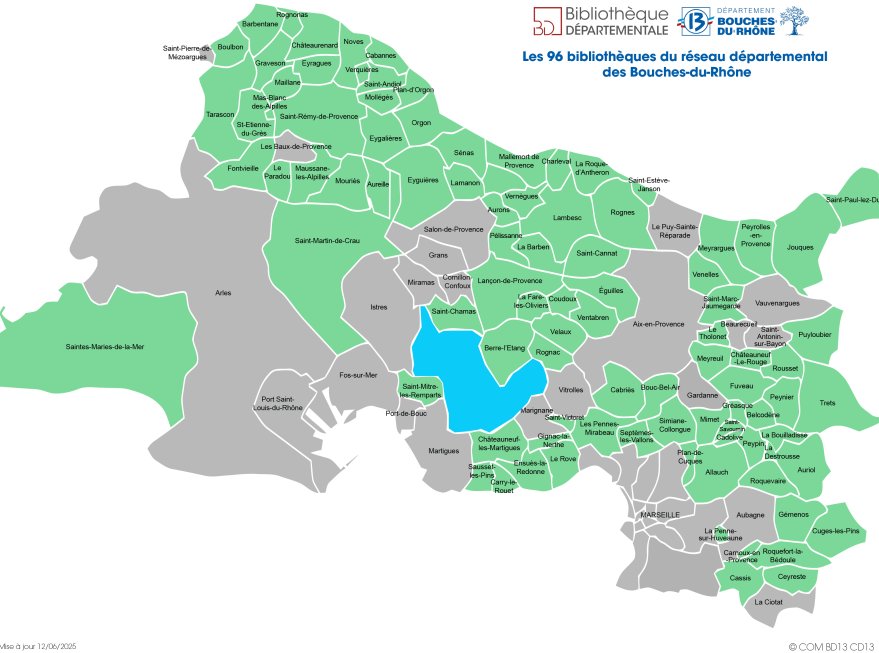 Carte des 96 bibliothèques du réseau départemental  des Bouches-du-Rhône